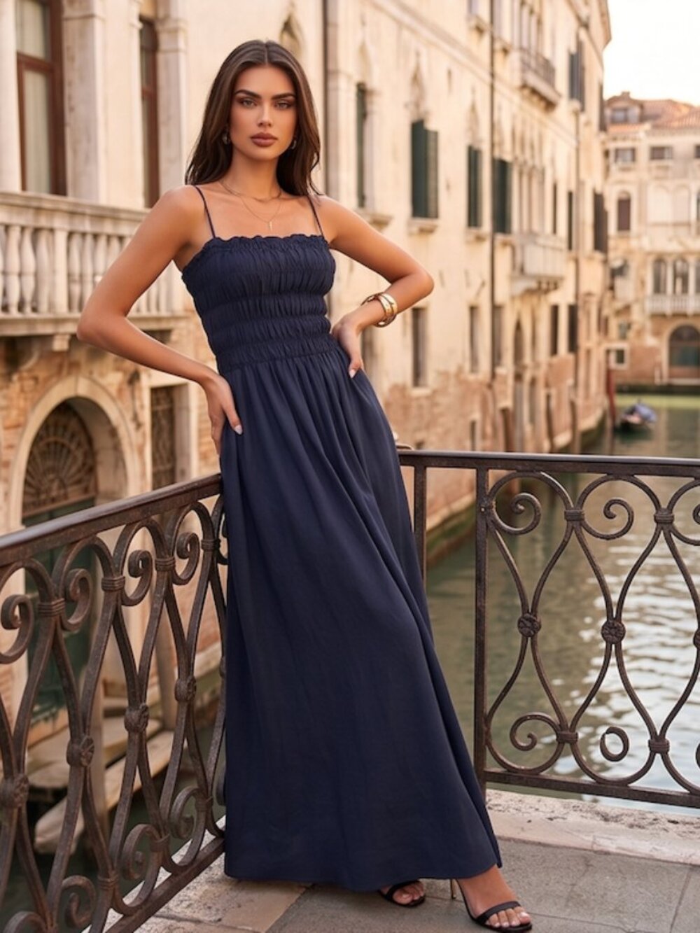 Navy Smocked Bodice Maxi Sundress